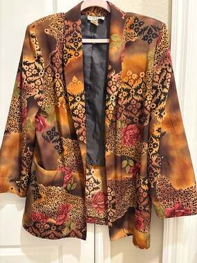 Vintage Kensington Square Floral Blazer Jacket Open Front Pockets